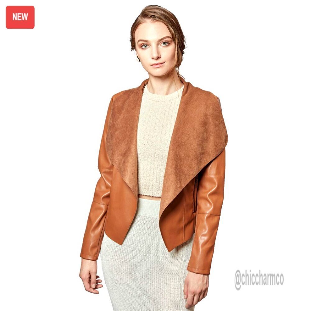 Slim Faux Leather Blazer Jacket Open Front Lapel Design